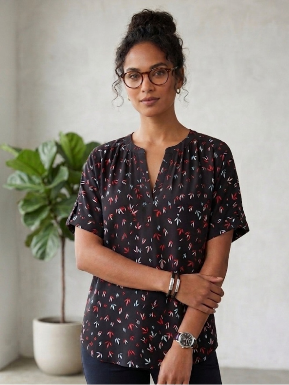 Worthington Black Short-Sleeve Blouse with Red & White Leaf Print